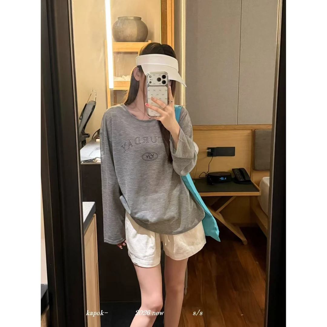 61023#KAPOK#韩系宽松后背设计感印花麻防晒长袖T(福利)