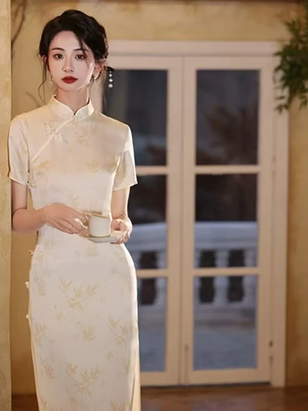 0965 香槟色 蜜蜂扣 【黄竹】春夏 旗袍