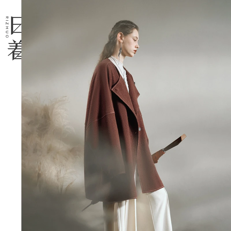 日着寻径红天丝羊毛大衣2025新秋季高级松弛中长款外套女RD3128D2