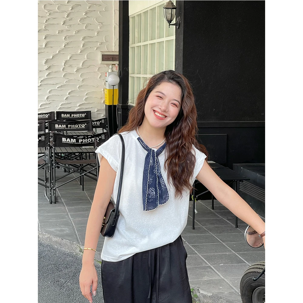 WenWen小个子2025夏新韩版时尚设计感系带丝巾无飞飞袖T恤4069