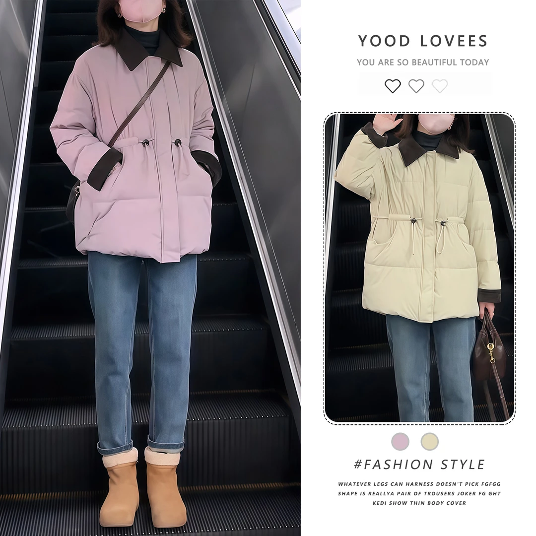 2025新款冬季红色撞色翻领收腰轻薄棉服女款中长款宽松加厚棉袄潮
