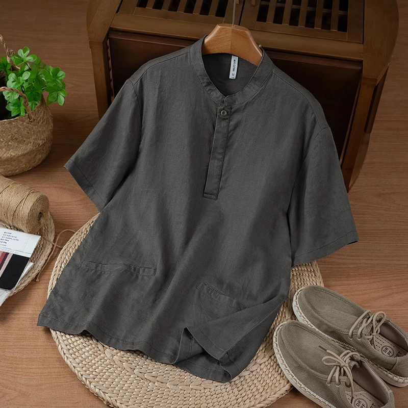 麻尚生活夏季亚麻中式短袖男宽松透气百搭休闲圆领国风夏季薄款