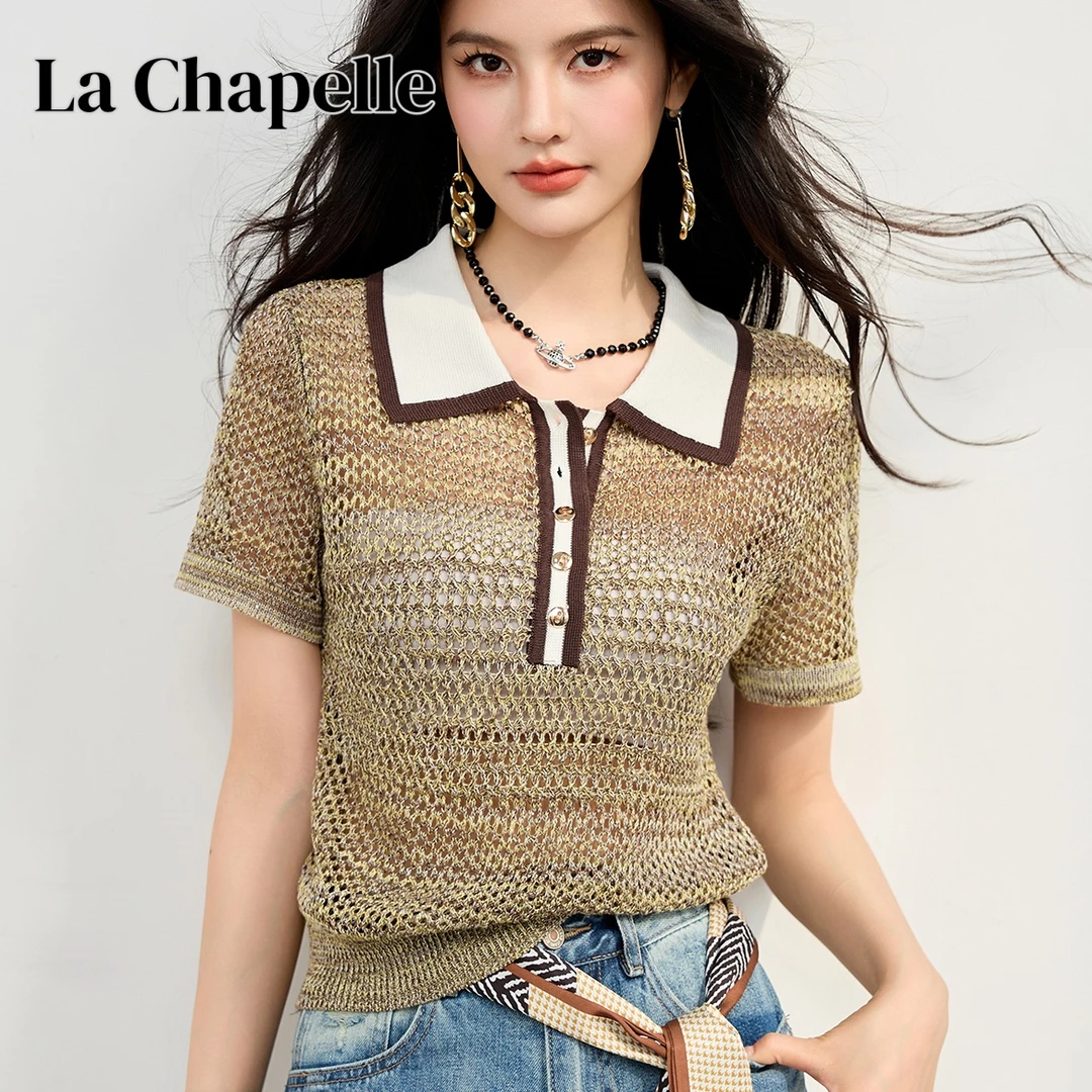 拉夏贝尔夏季新款短袖t恤女修身镂空小众撞色POLO针织衫别致上衣