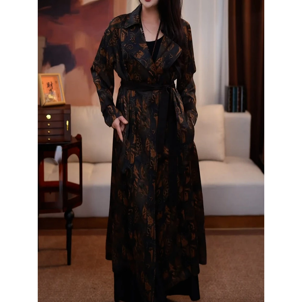 复古文艺风印花长款风衣2025秋季新款洋气贵夫人遮肉显瘦休闲外套