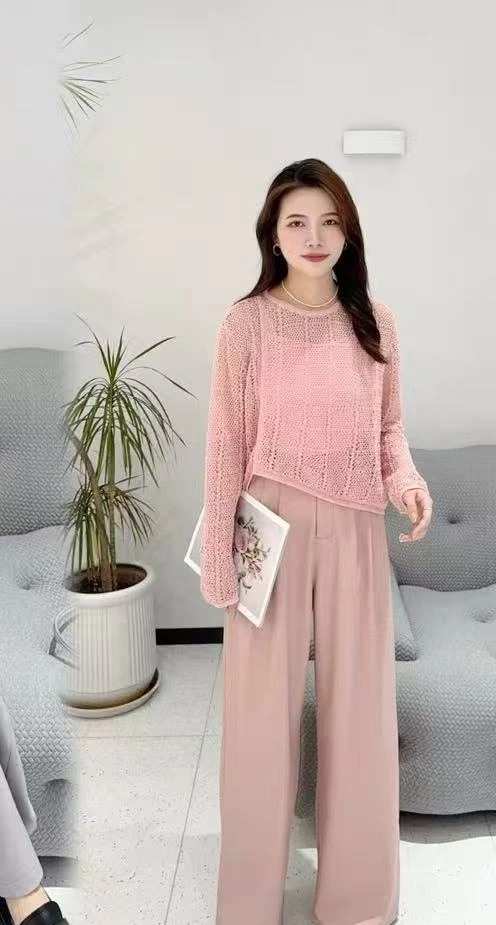 2025春季新款韩版气质百搭显瘦针织开衫搭配阔腿裤三件套66016
