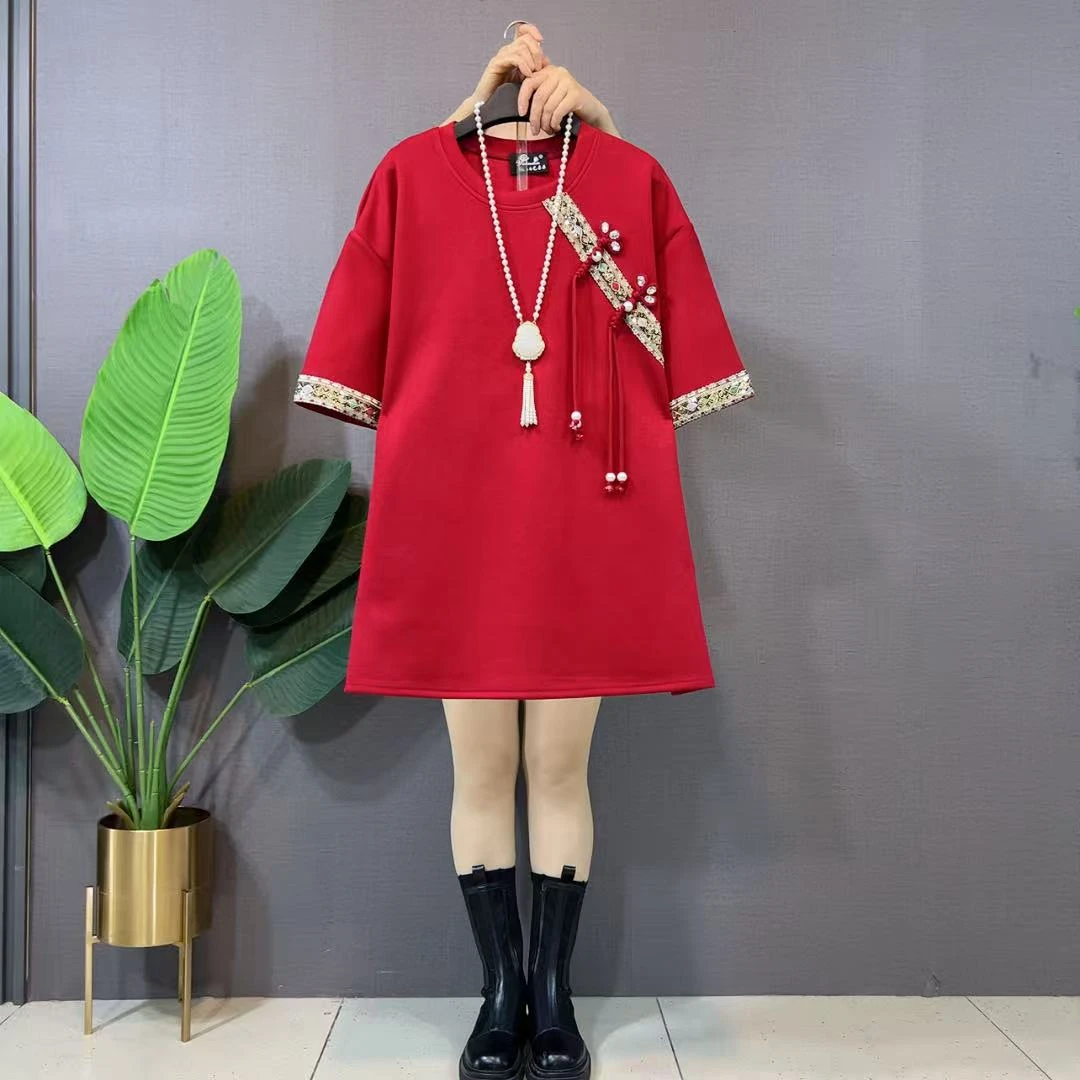 欧货中式复古盘扣拼接短袖重工刺绣圆领国风流苏宽松百搭洋气上衣