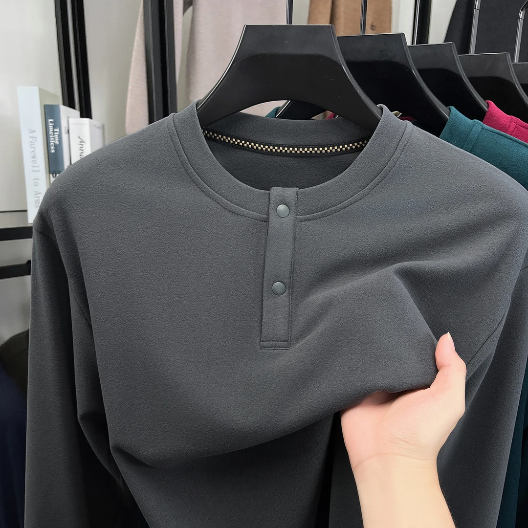 长袖纯色透气纽扣春秋常规款卫衣上衣秋季秋冬双面休闲加绒打底衫