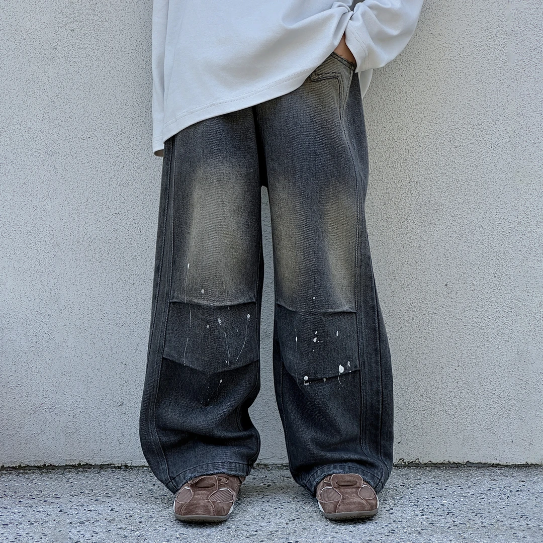 男童牛仔裤宽松高街长裤裤子美式拼接水洗男童做旧牛仔裤秋季长裤