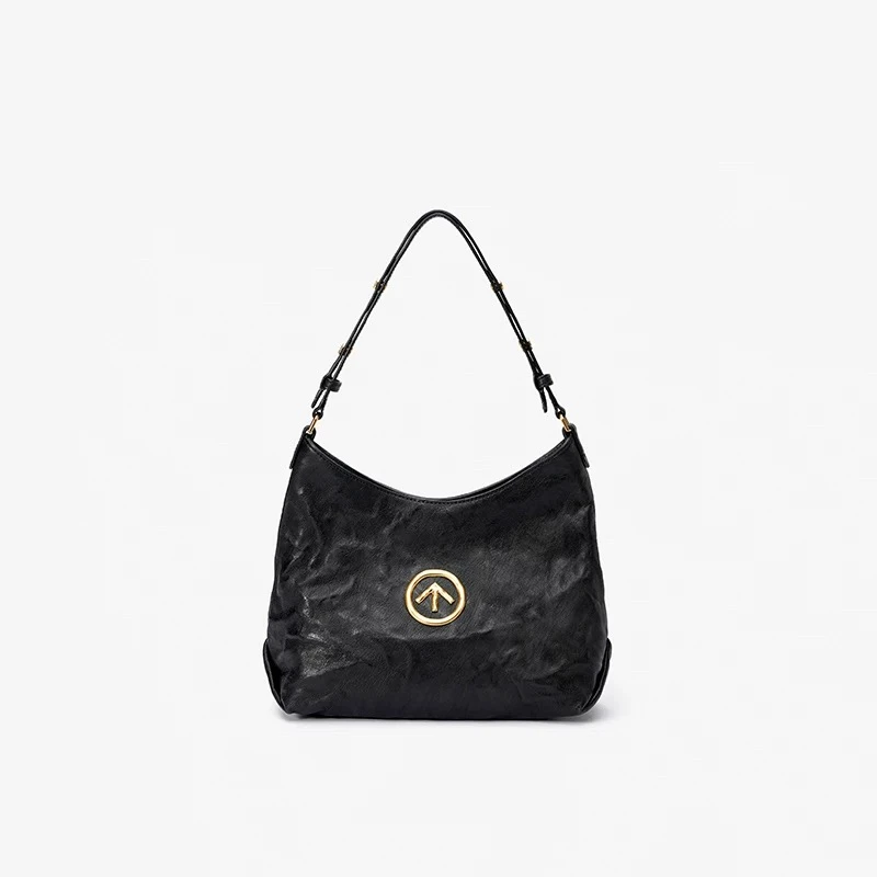 GROTTO个乐箭头Hobo女包腋下斜挎包单肩包外出经典褶皱黑色包包