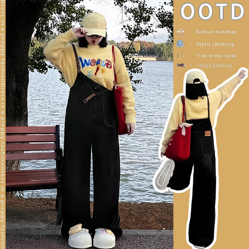 潮碧梵大码黑色工装牛仔背带裤女胖mm韩版宽松减龄阔腿显瘦连体裤