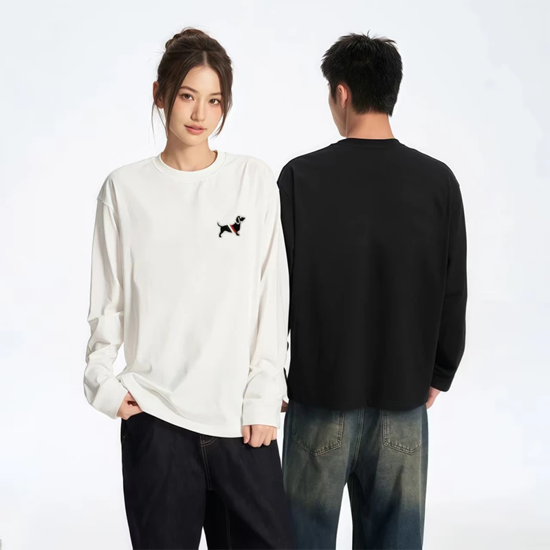 潮牌刺绣款T恤长袖男女同款时尚迪桑棉休闲打底圆领长袖刺绣腊肠