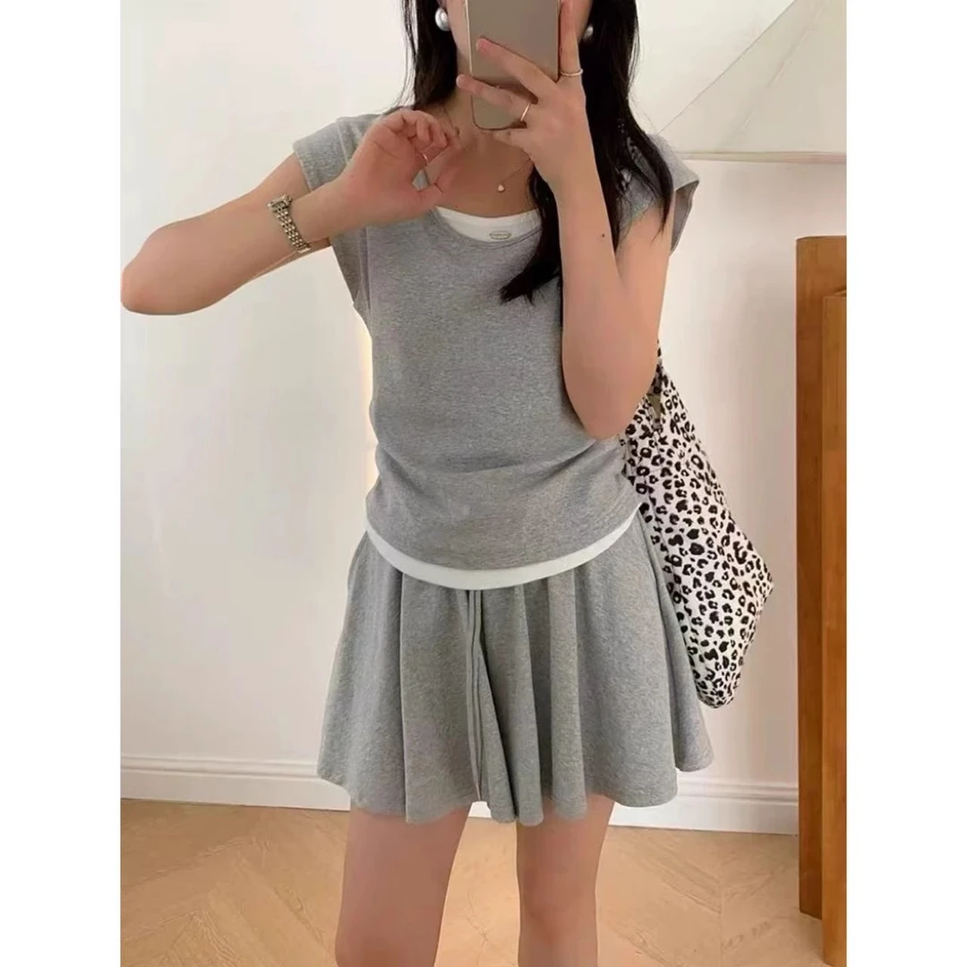 【嘉人有约】韩系新款显瘦时尚套装女假两件短袖T恤+裙裤两件套运动