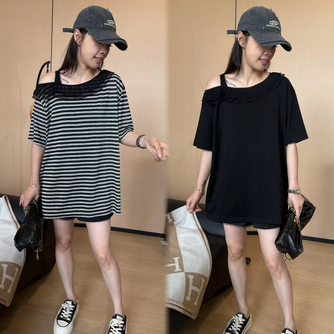 二姐的宝藏夏季时尚经典休闲百搭夏日格调露肩中长款T恤#25262