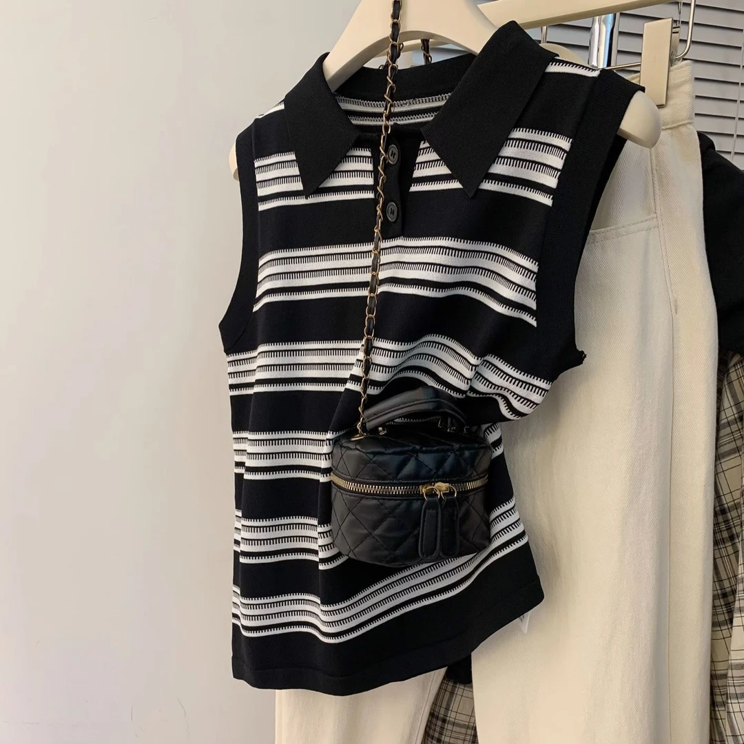 大码遮肚条纹冰丝针织衫无袖背心翻领内搭打底衫女胖mm上衣新款夏