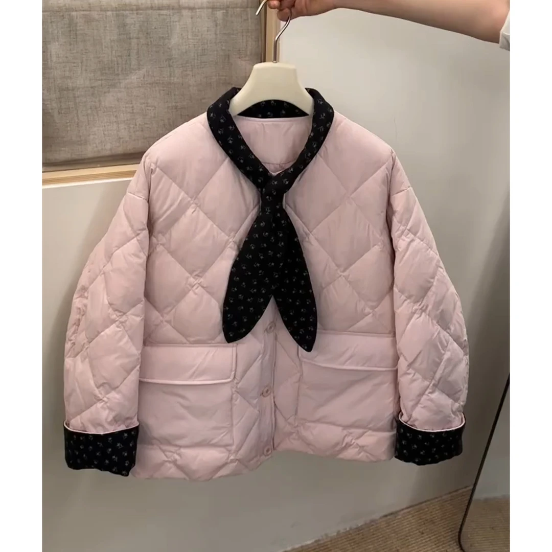 设计感粉色菱格棉服女2025冬季新款保暖显瘦韩系甜美气质棉袄外套