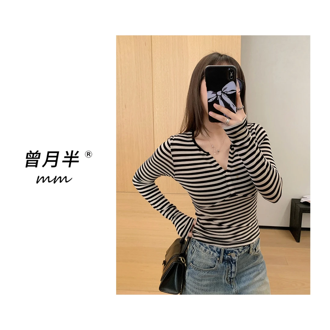 曾月半mm《条纹派》独特胸位线半开领天S修身长袖T恤！ZS1035