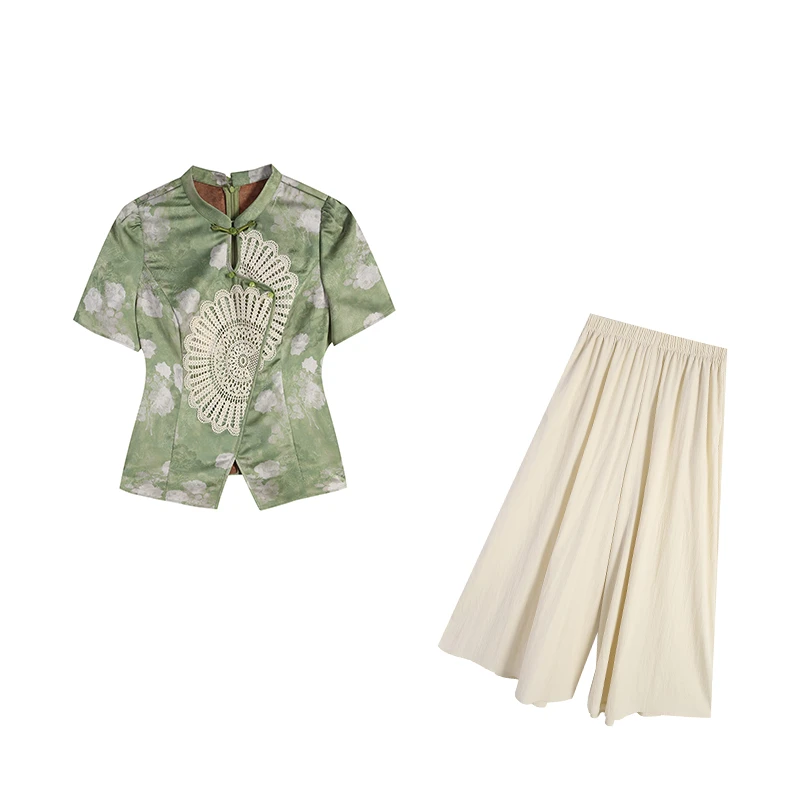 绿色夏季上衣ZL107958+杏色裙裤ZL107315两件套套装气质休闲