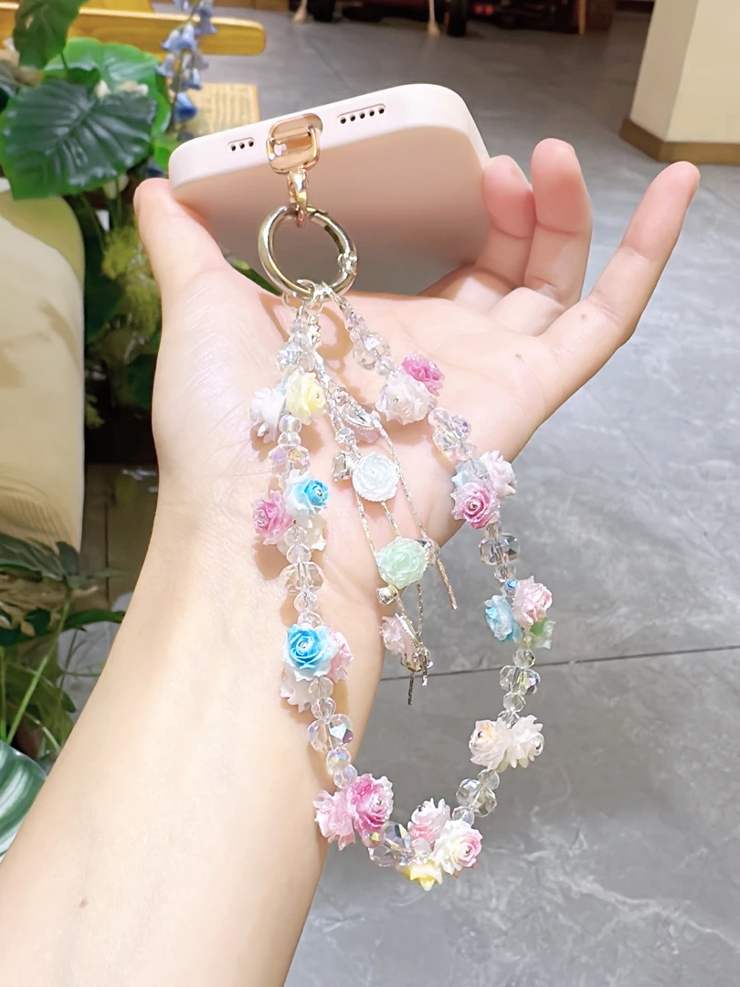 夜光软硅胶玫瑰花流苏繁花夏日彩色花朵串珠流苏手机链手机挂件