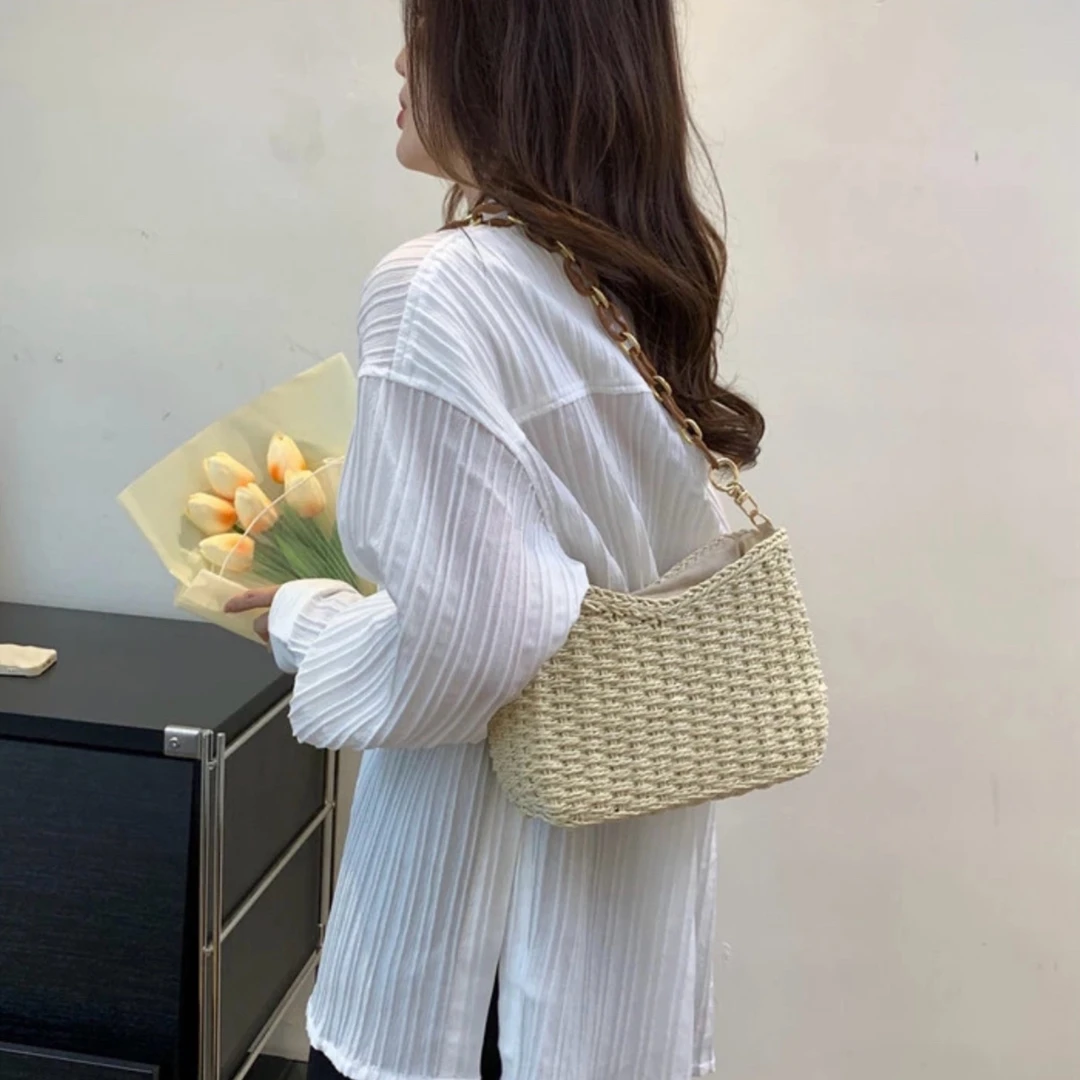 韩版小众设计时尚海边度假沙滩包女高级感单肩斜挎包编织包腋下包
