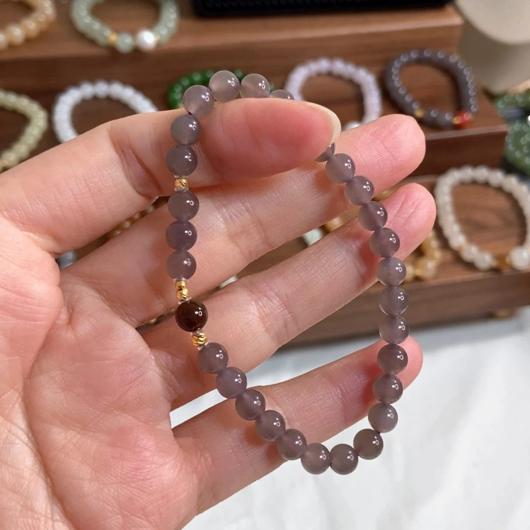 和田玉手链18K金镶嵌6mm冰葡萄紫