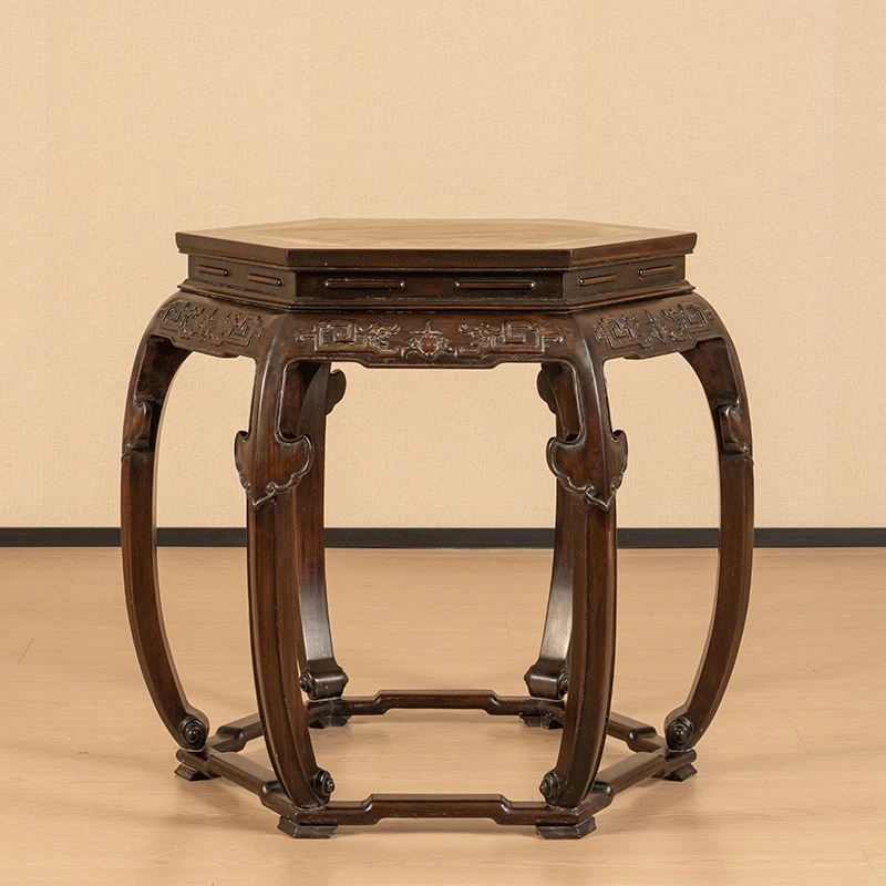 清代 红木镶云石龙纹带托泥六角桌 古董家具