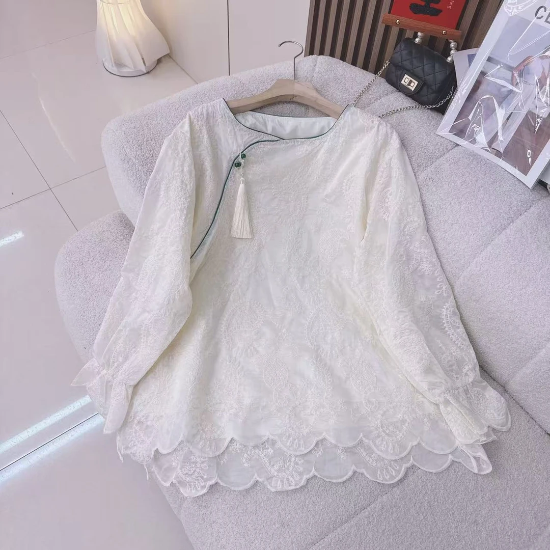 新中式钉珠盘扣刺绣蕾丝衬衫百搭上衣娃娃衫宽松休闲2024秋冬新款