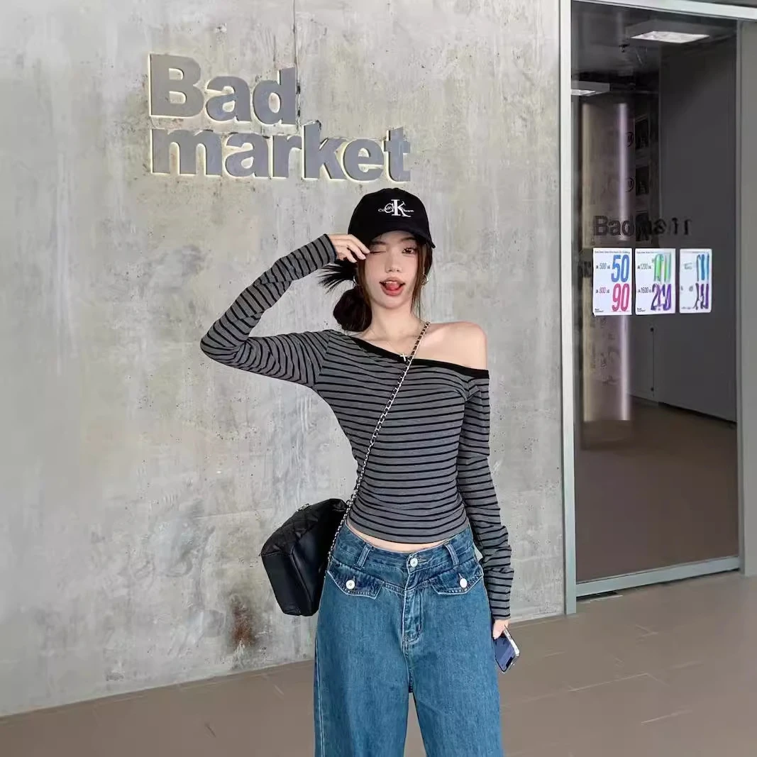 夏季辣妹感性感斜肩修身显瘦长袖T恤女小众打底衫露肩上衣设计感