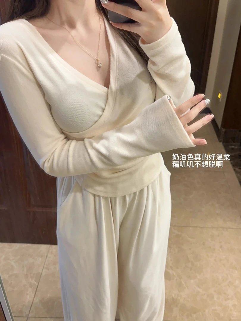 软糯亲肤~羊绒交叉V领设计长袖T恤女秋冬新款不规则修身显瘦打底~
