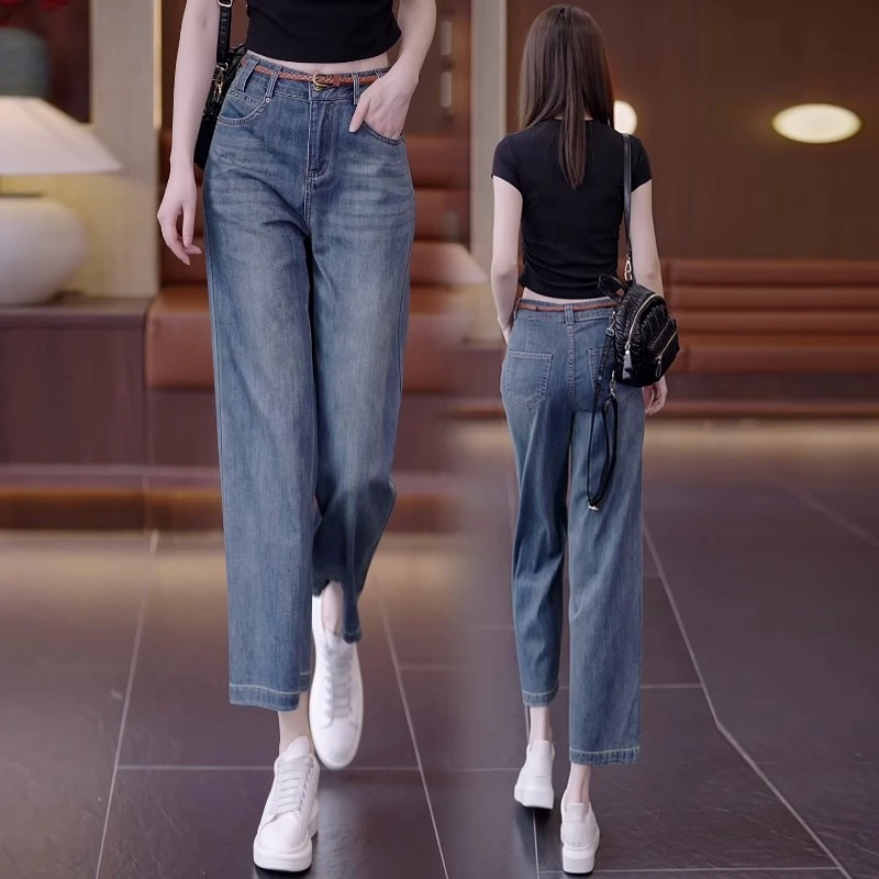 窄版八九分阔腿牛仔裤女夏季薄款2025新款高腰显瘦小个子直筒裤子