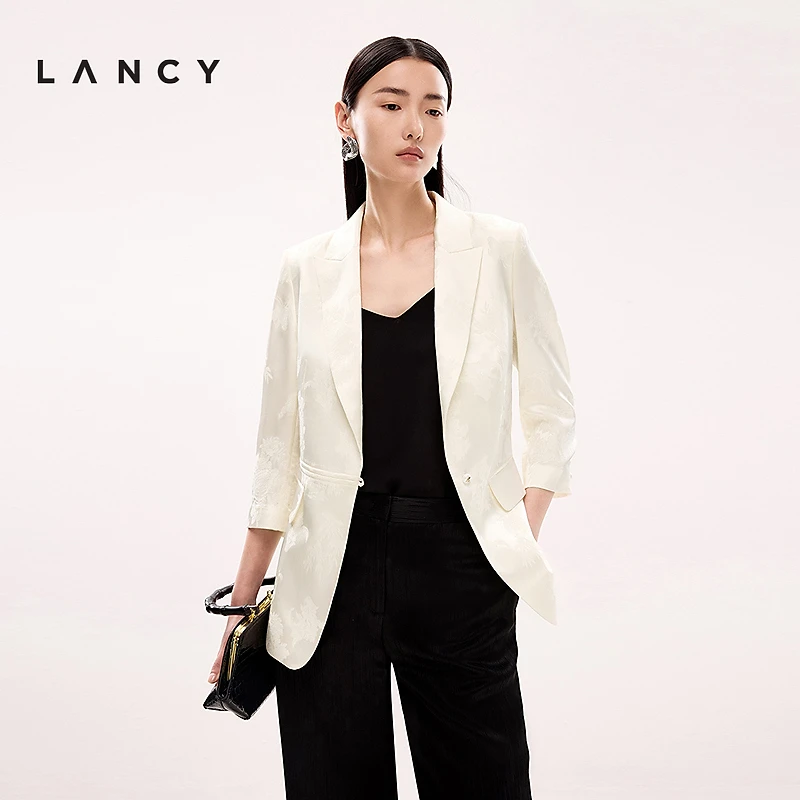 LANCY/朗姿2025夏新款法式气质提花收腰七分袖西装外套通勤职业女