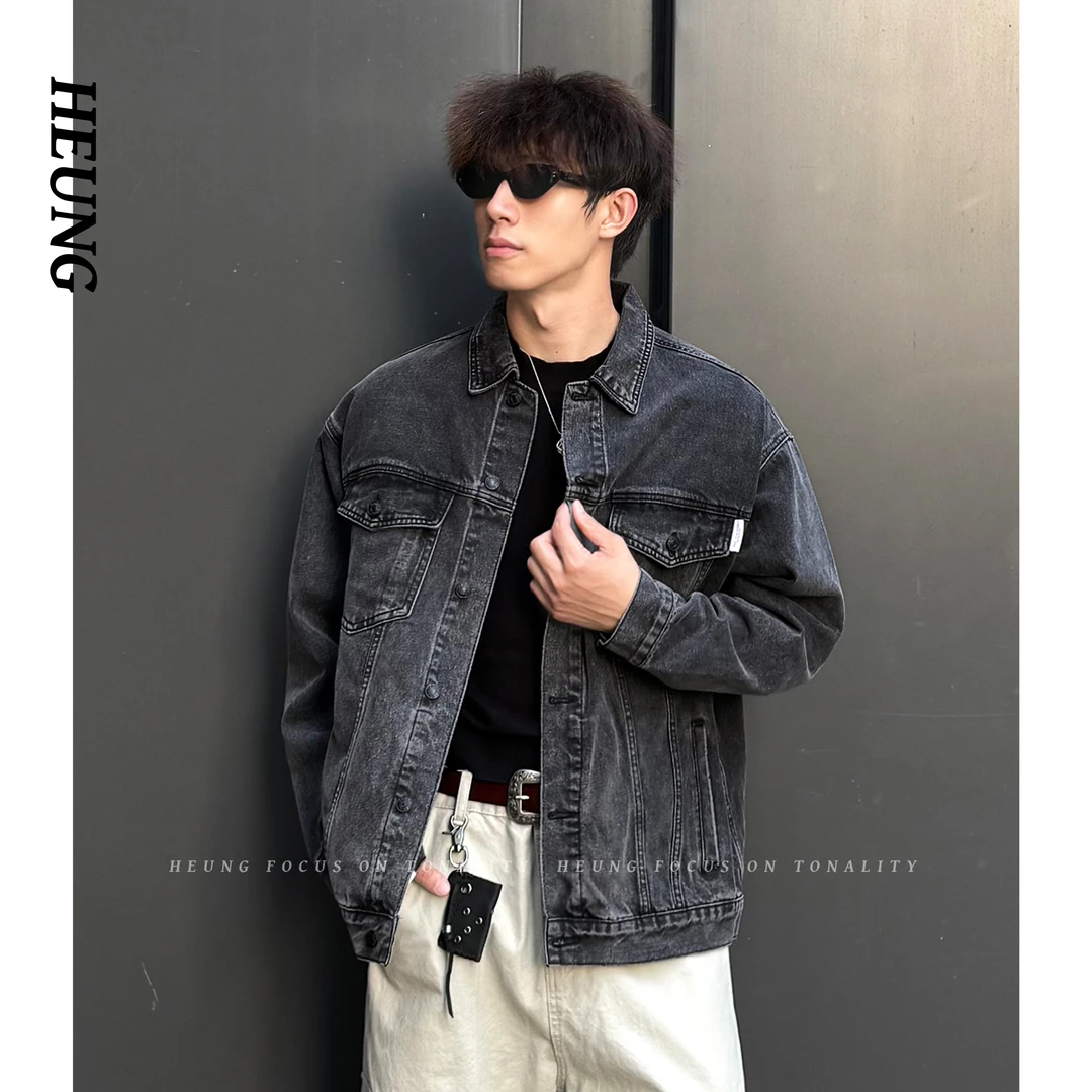 HEUNG 秋季双色复古做旧水洗牛仔外套宽松翻领时尚百搭夹克外套男