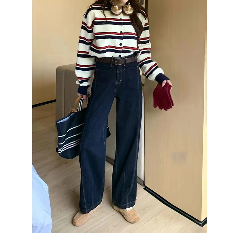 2025春秋新款高腰阔腿牛仔裤女弯刀裤普洗蓝直筒拖地裤