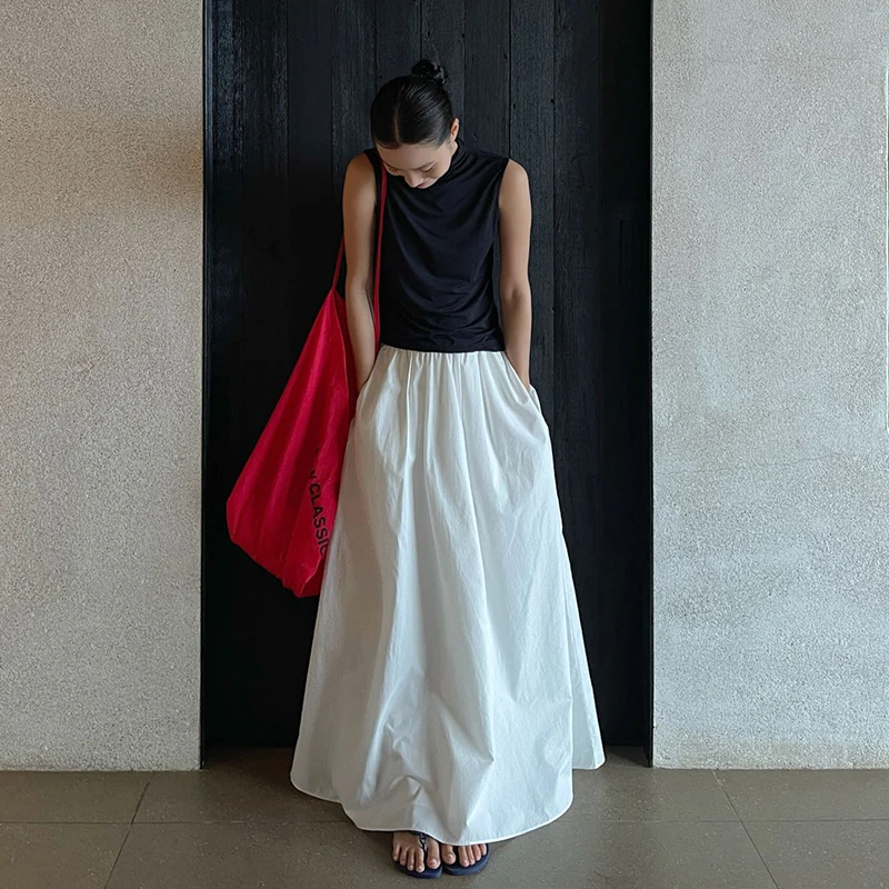 PURITY YH小众简约白色休闲前松紧腰大摆裙气质感宽松显瘦半身裙