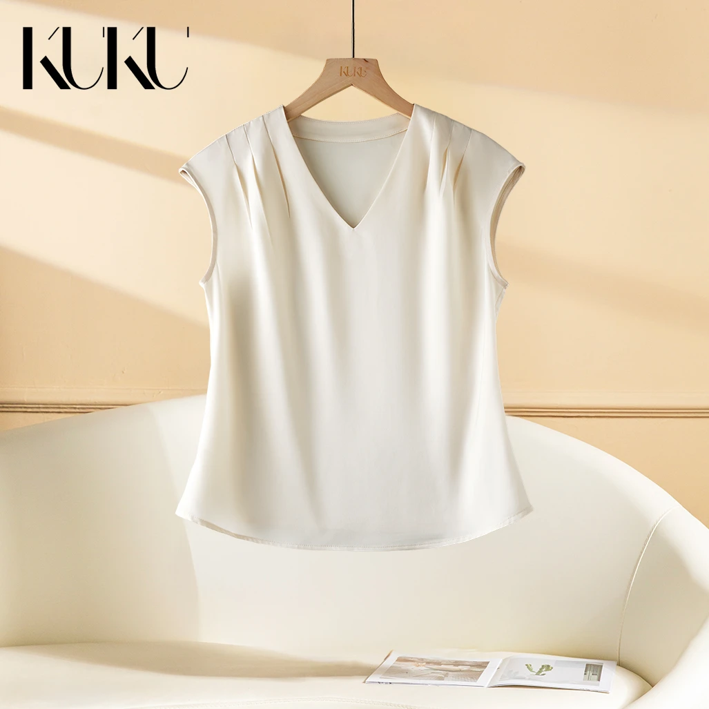 KUKU定制【夏夜微凉】夏季双面醋酸V领短袖上衣6022