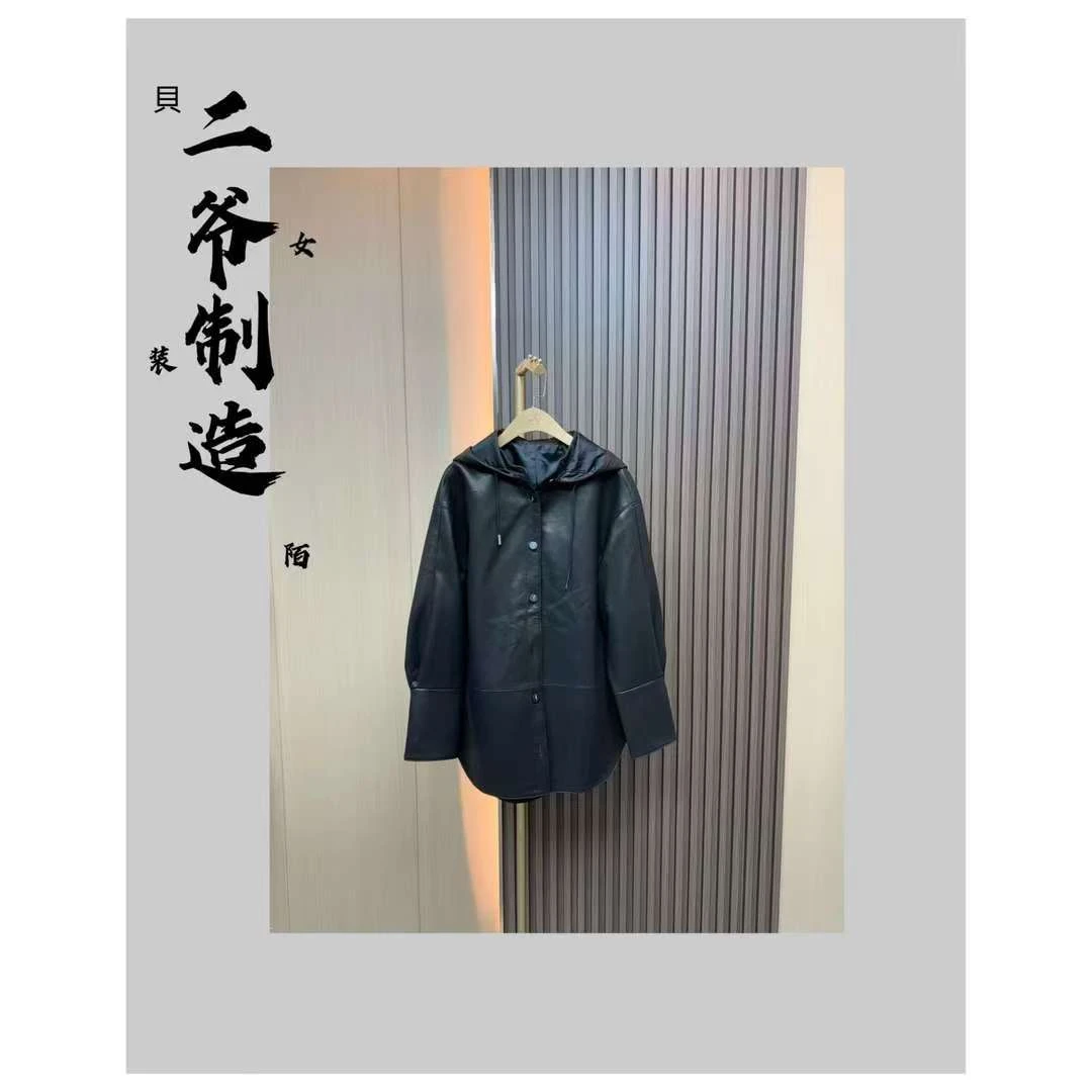 S88020519连帽中长款皮衣