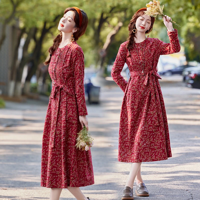 长袖碎花长裙常规袖中长裙2025连衣裙红色中长款秋季时尚气质显瘦