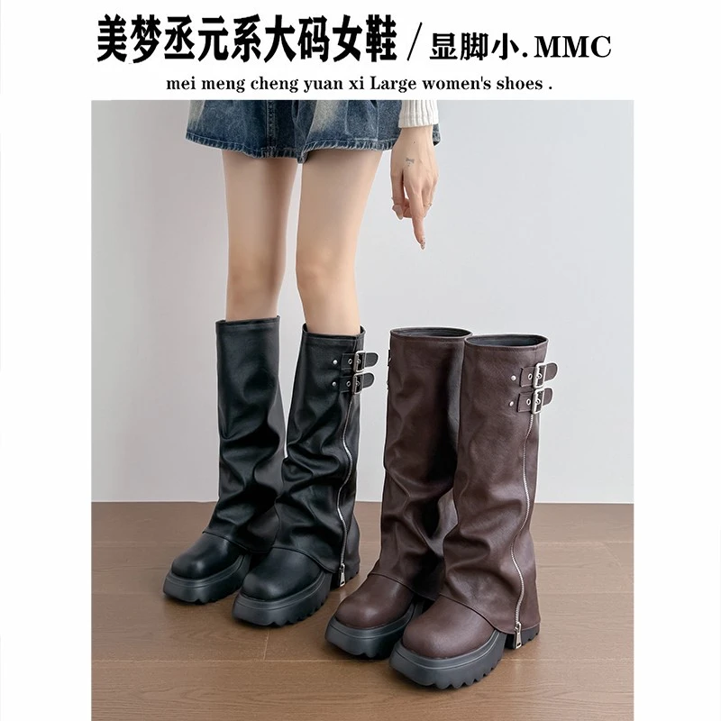 复古粗跟裤管靴女厚底增高西部靴不过膝长靴高筒骑士靴宽胖脚单靴