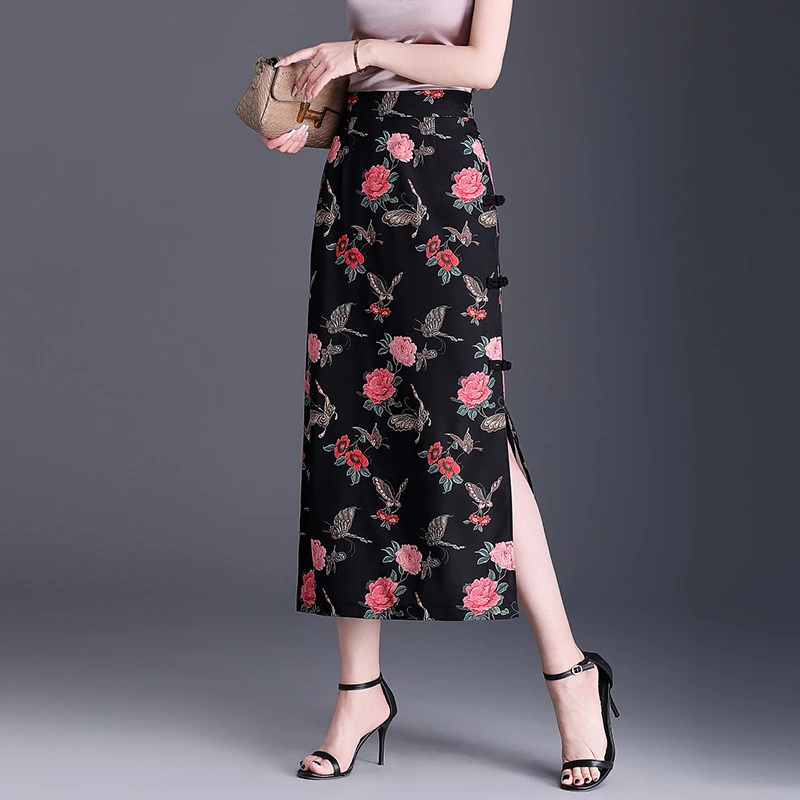 高腰半身裙2025夏季新款开叉裙子中长款包臀裙印花雪纺包臀裙长裙