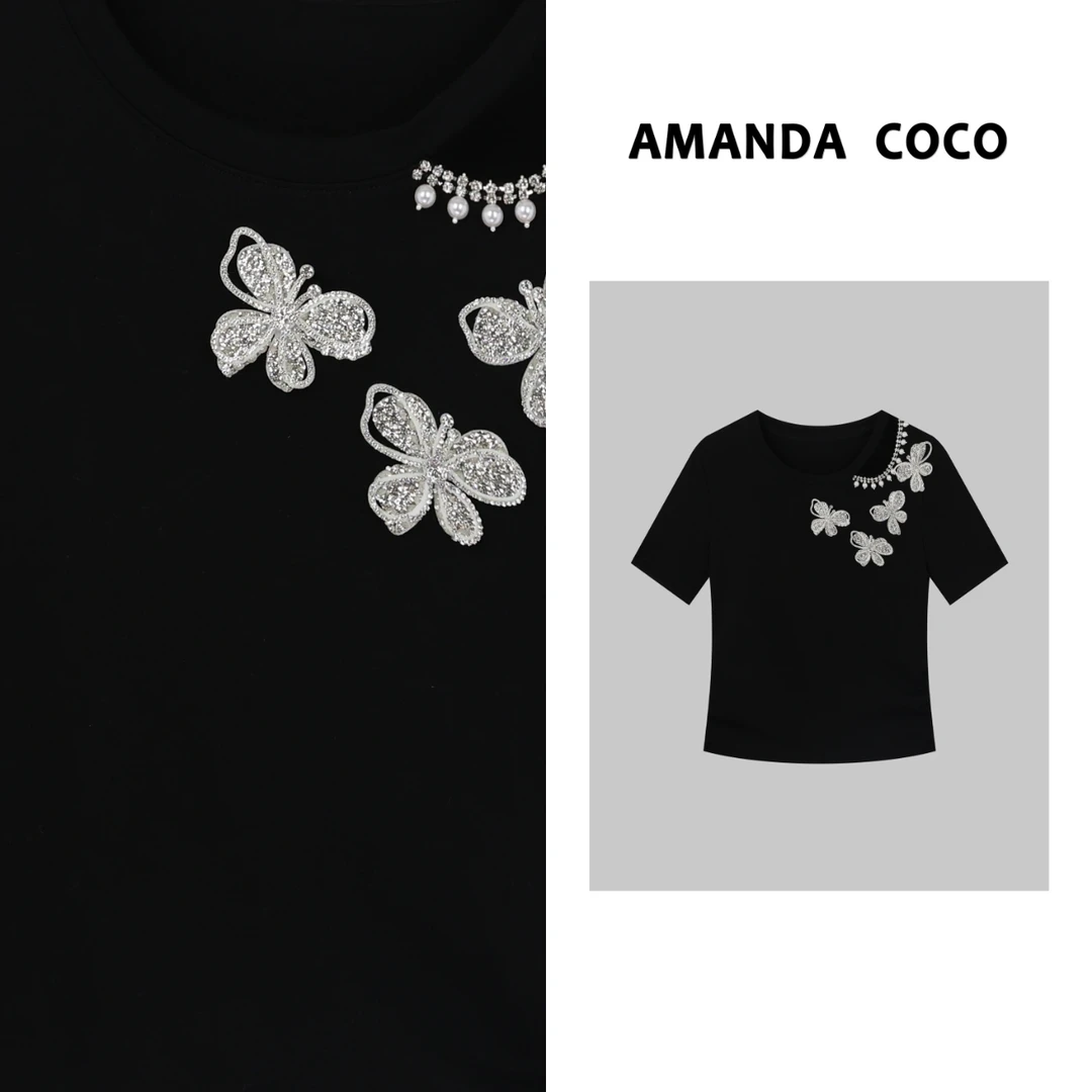 专属|优雅法式～镶钻蝴蝶设计感捏褶显瘦露肩短袖T恤