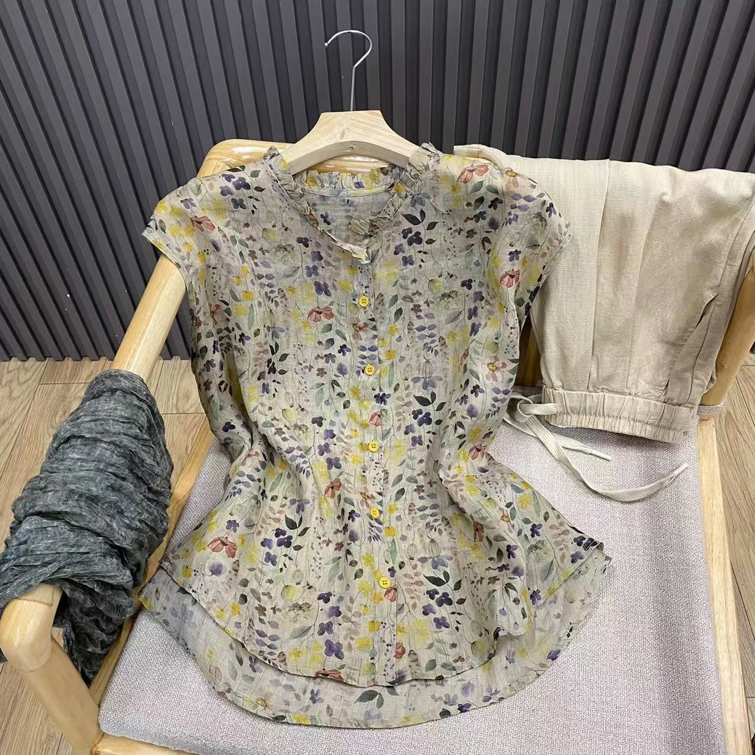 夏季新款木耳无袖印花苎麻衬衫复古文艺宽松百搭碎花上衣女小碎花