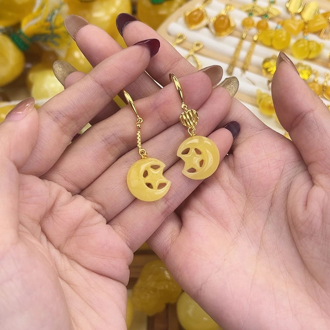 裸石琥珀银S925镀金镶嵌星月耳钩