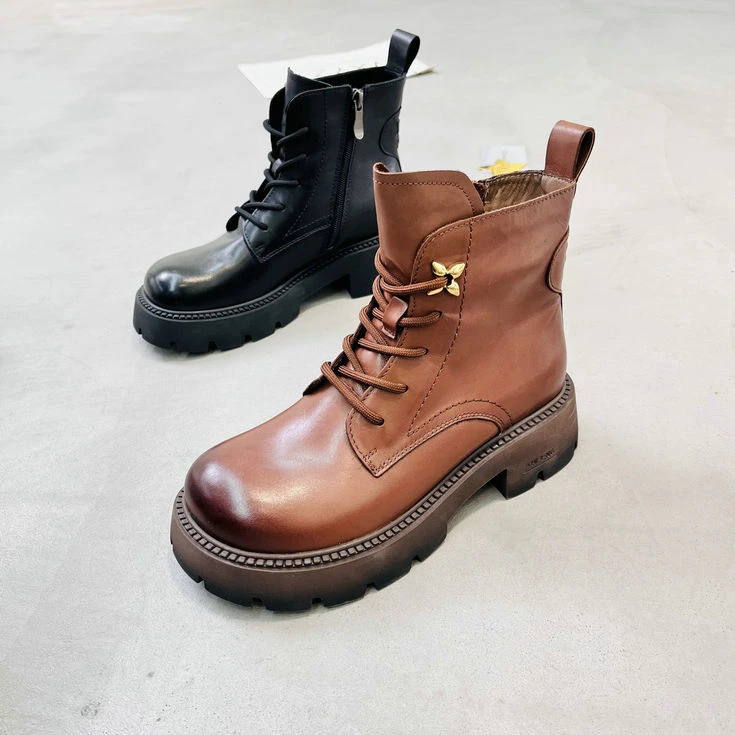 超柔9831-2牛皮女士2025秋冬新款英伦风系带马丁靴厚底时尚短靴