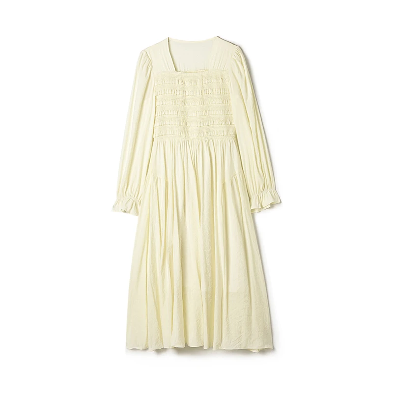 43BY0A0008法式优雅方领裙子松紧腰连衣裙女