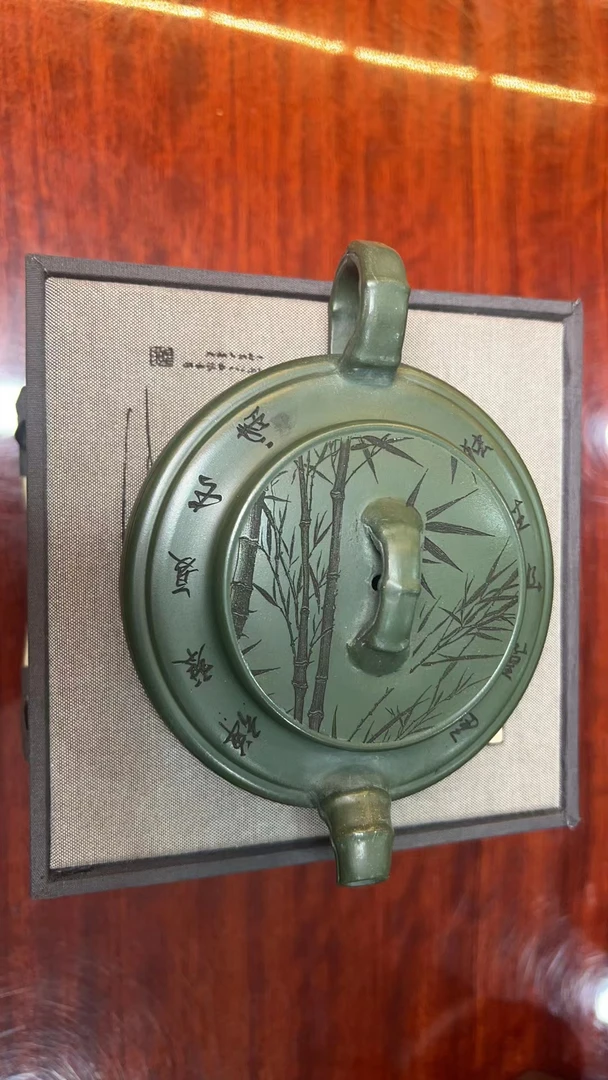 DT1256竹影双线扁竹鼓民国绿泥[琦]全手工紫砂壶