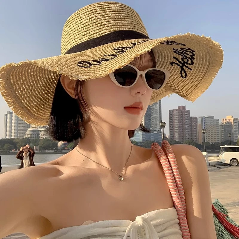 法式海边度假出片大帽檐女2025年高颜值新款遮阳防晒帽子编织草帽