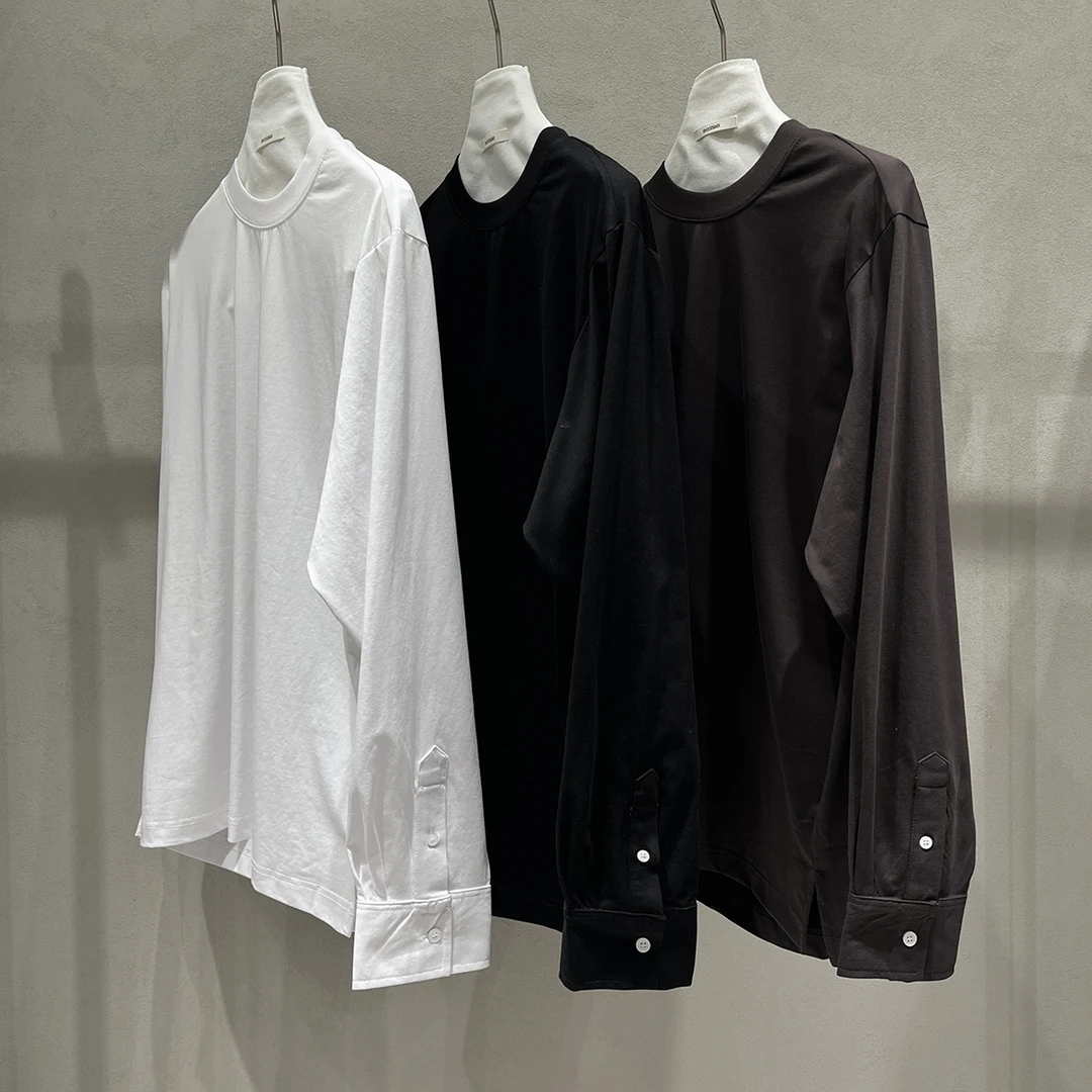 【阿信】轻薄纯色圆领打底T恤男宽松简约衬衫袖开衩长袖休闲百搭