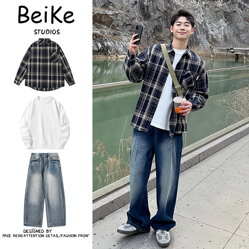 三件装/格子衬衫长袖薄款2025新款春秋简约外套上衣衬衣宽松休闲