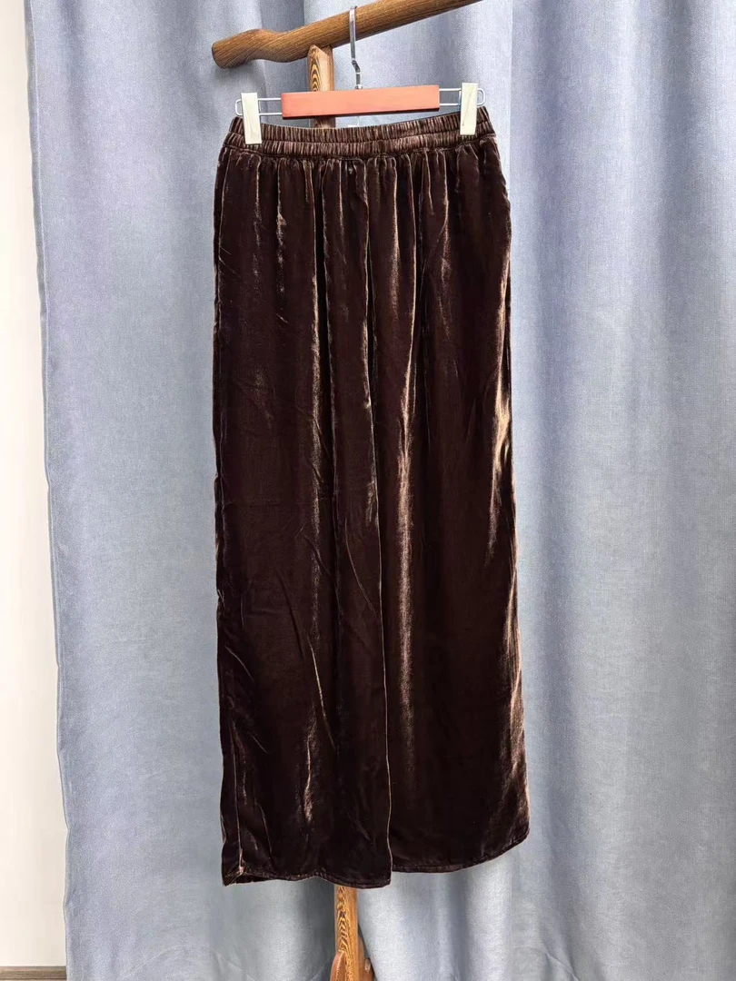 2025秋季新款复古百搭宽松桑蚕丝丝绒裤子女H1419