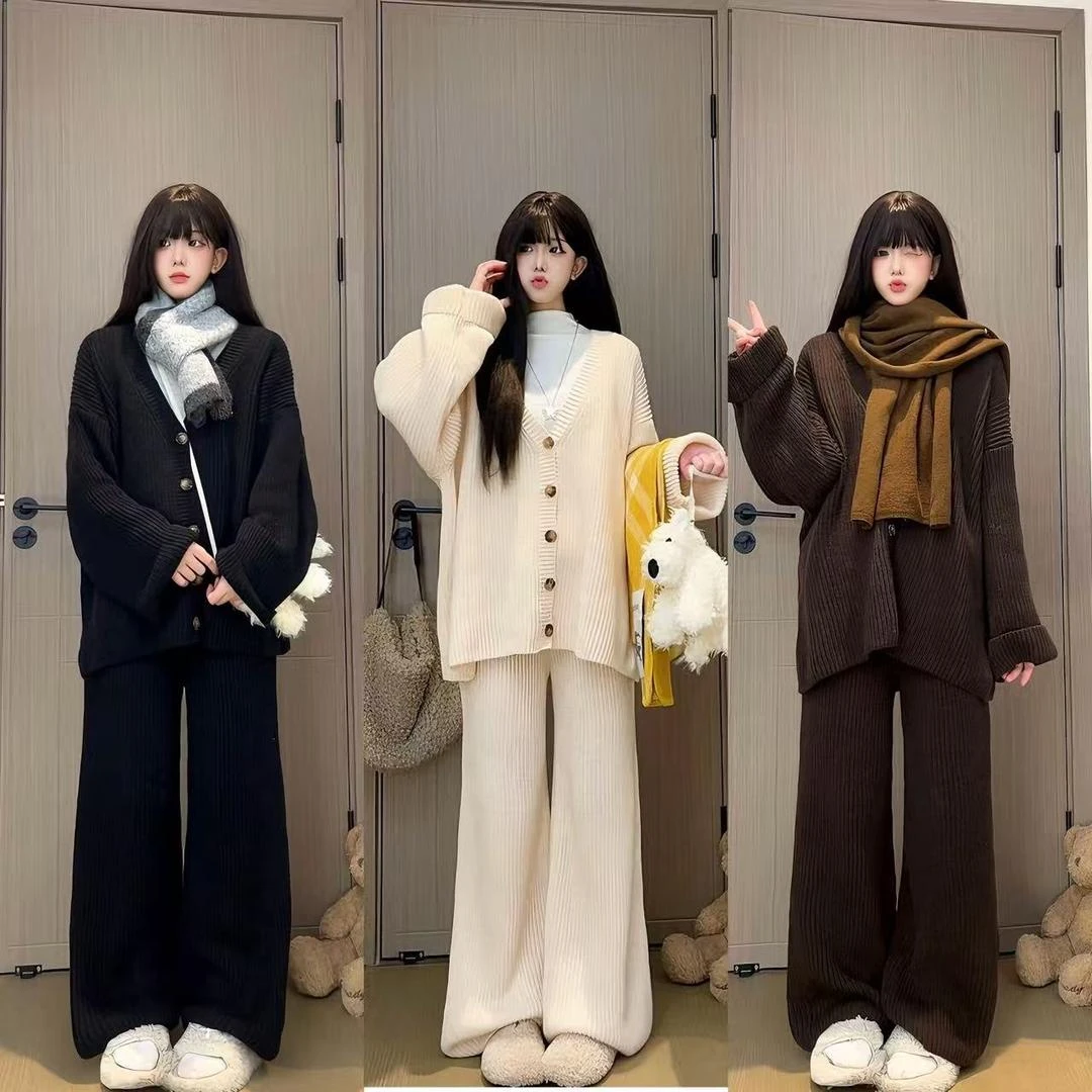 【现货➕运费险】纯色针织开衫裤子设计感休闲慵懒风时尚两件套