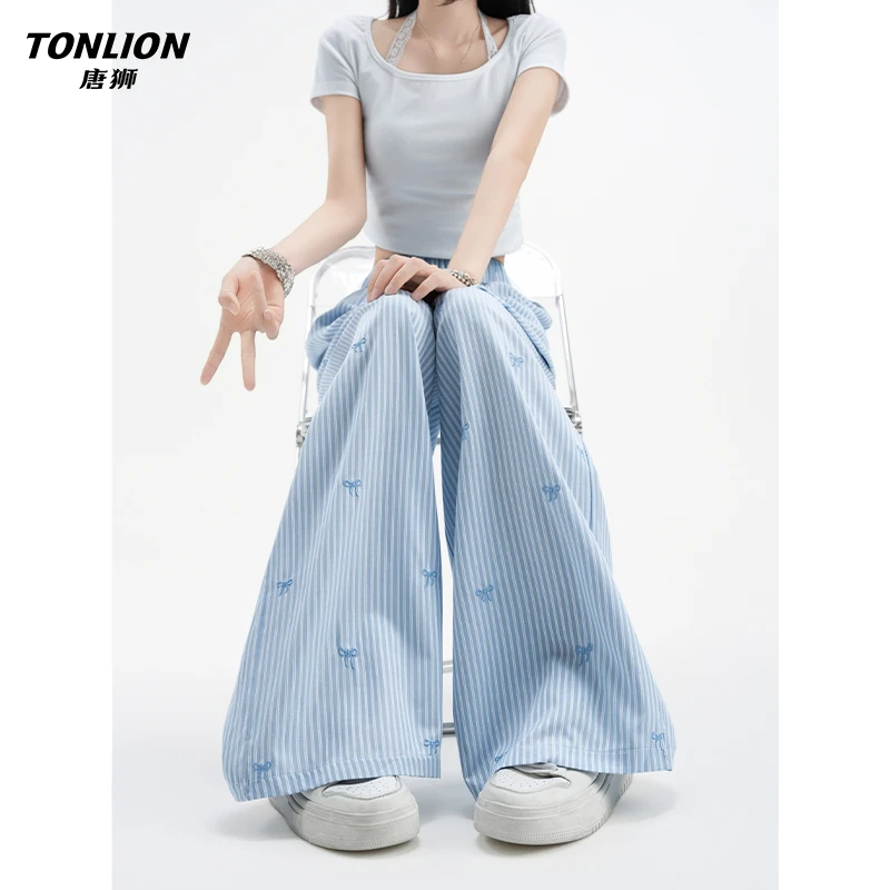 唐狮多巴胺蓝色条纹宽松休闲裤女甜美蝴蝶结小刺绣高腰垂感遛弯裤